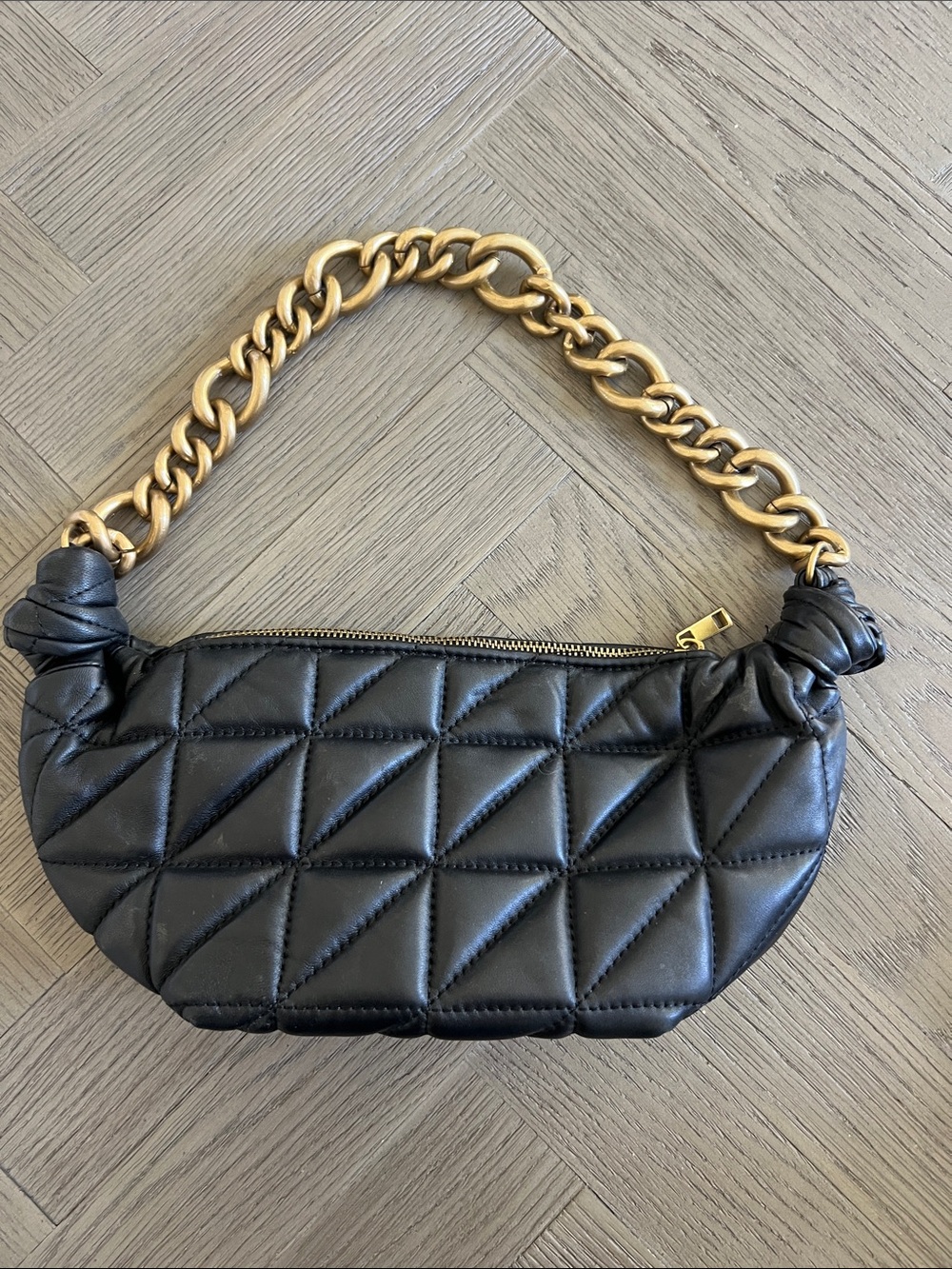 Zara Black Quilted Shoulder Bag with Gold Chain